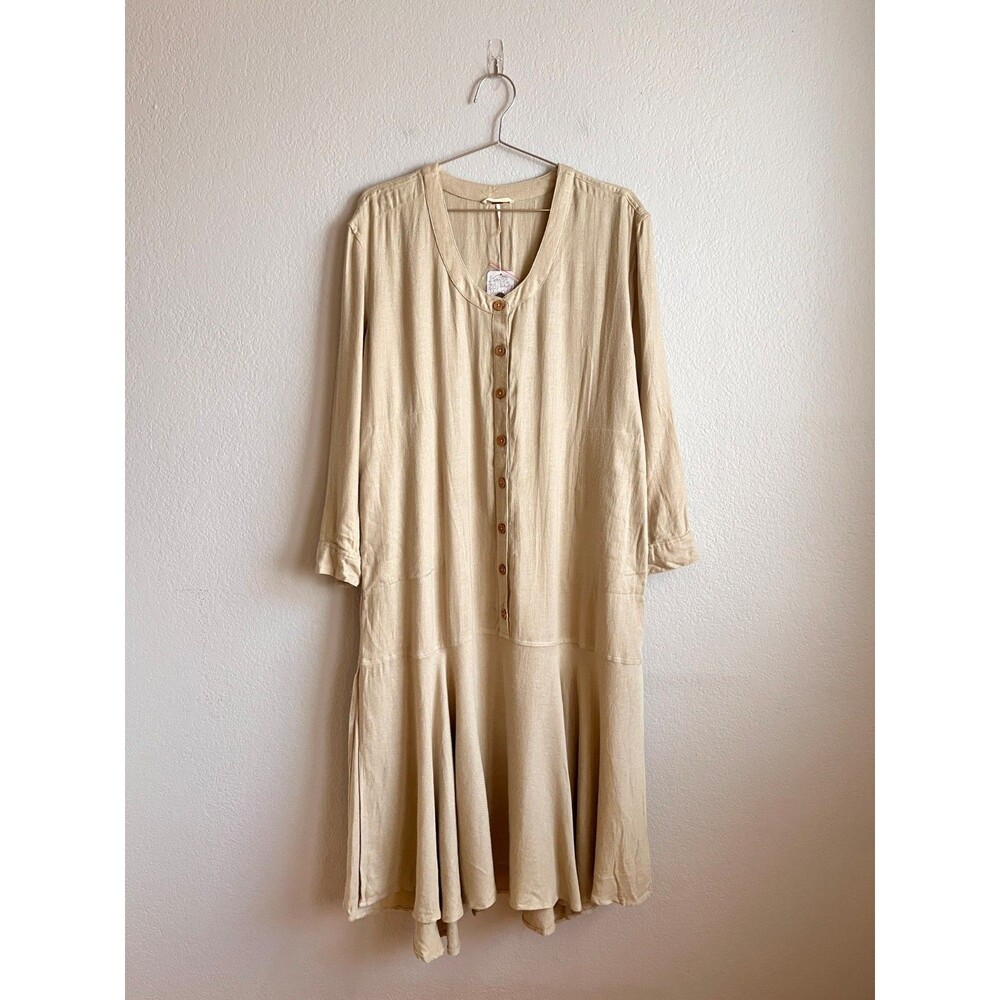 Free People Mathilda Button Front Midi Dress in Neutral Beige Size XS NEW!